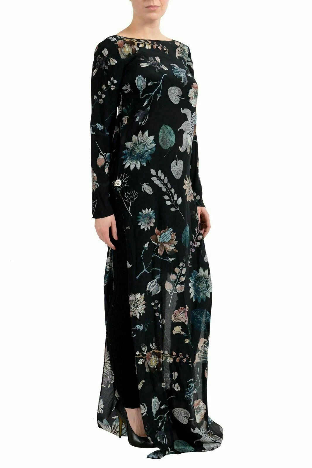 Maxi abito donna Versace Versus 100% seta multicolore maniche lunghe US XS IT 38