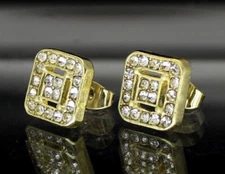 Mens Iced CZ Earrings 10mm Square Studs Push Back 14k Gold Plated HipHop Jewelry