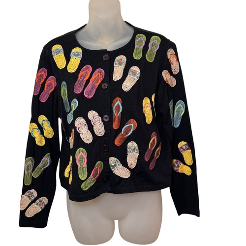 MICHAEL SIMON Top Womens Black Beach Sandal Flip Flops Cardigan Sweater S
