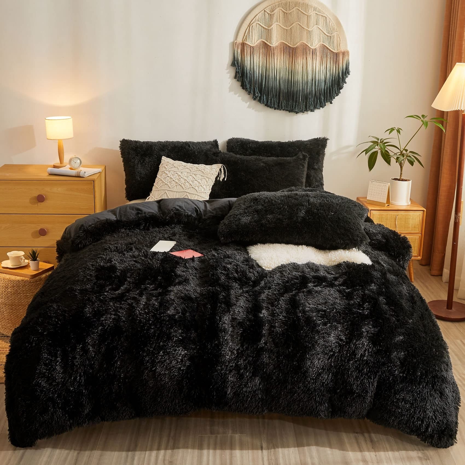 Besfunny Fluffy Black Shaggy Plush Comforter Cover Set,Ultra Soft Faux Fur Du...