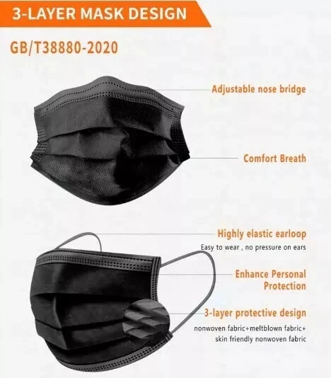 200 Pcs Disposable Black Face Mask 3 Ply Masks