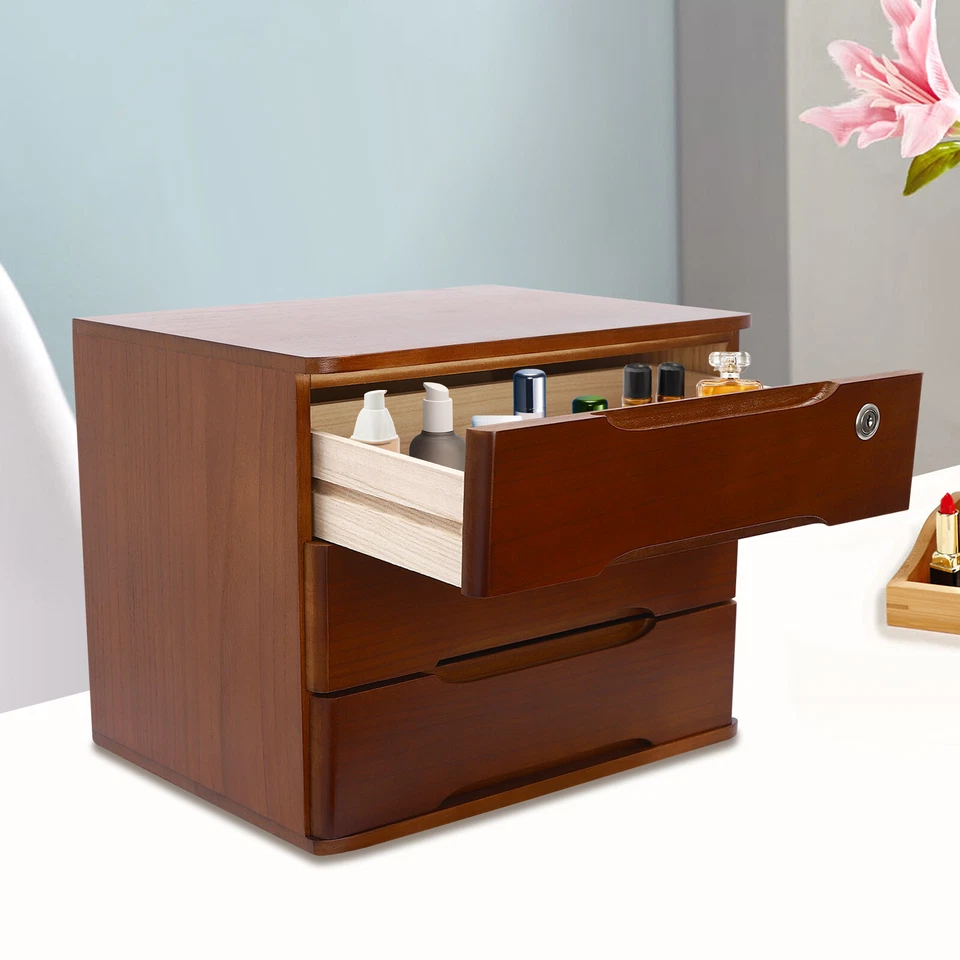 3-Tier File Cabinet Organizer Walnut Desktop Storage Box with Lockable Drawers - Image 2 of 4