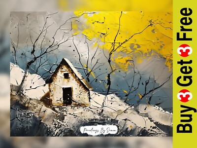 Rustikale Hütte Landschaft Gemälde 5''x7 Druck auf mattem Papier | Strukturierte Winterkunst