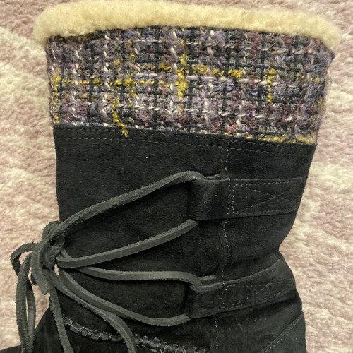 UGG Black Leather Suede Boots Women 8 M Sheepskin Laces Tanasa 1001668 Knit EUC - Picture 11 of 12