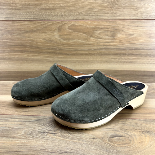 Swedish Hasbeens Womens Clogs 7.5 8 EU 38 Evergreen Suede Stapled Husband Wooden