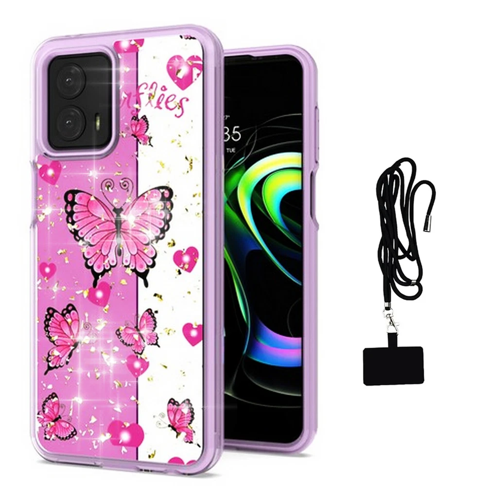 Phone Case for Motorola Moto G 5G 2023 Hybrid Glitter + Lanyard CrossBody Straps