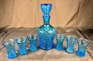 Vintage Genie Bottle Aqua Blue Decanter Set 8" con 6 bicchieri da tiro abbinati set