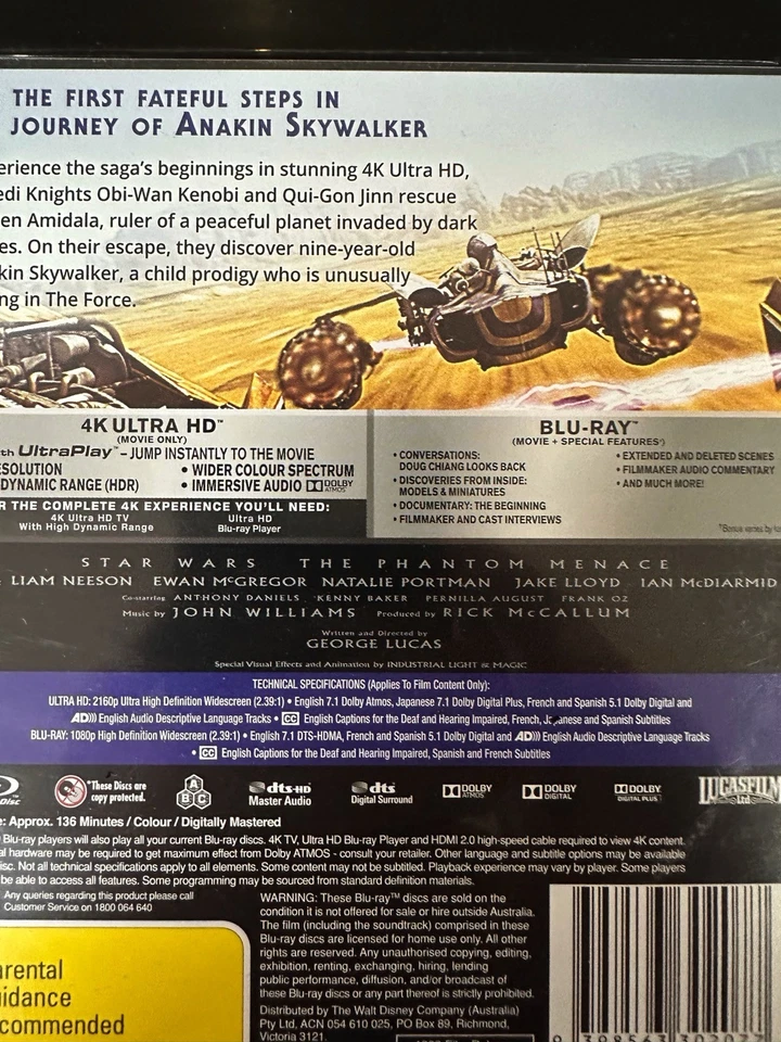 STAR WARS: The Phantom Menace (1999) - 4K BLURAY AS NEW! - image 2 of 2