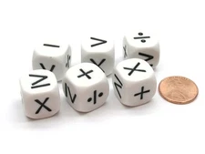 Pack of 6 Math Operator 6 Function 16mm Dice - White with Black