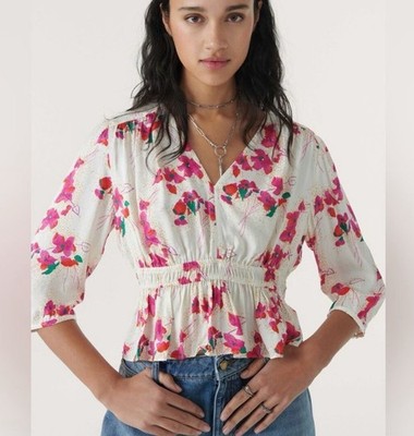 Ba&sh Women's Pink and Cream Ruffle V Neck Crop Blouse Top Size Medium