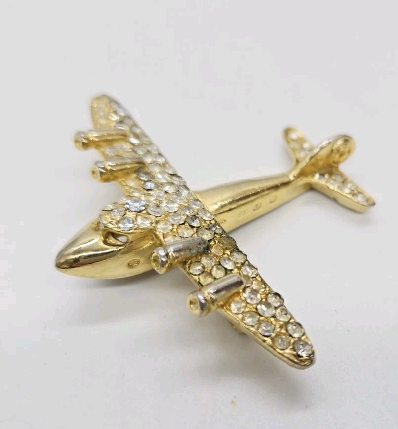 Airplane Brooch Plane Pin Gold Tone Crystal Accent Vintage