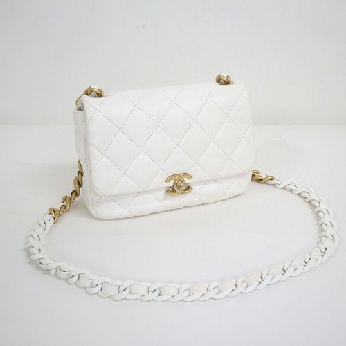 CHANEL Matelasse 21 Chain Shoulder Bag Small Flap White Lambskin AS3206 IC Chip