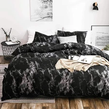 Black King Size Duvet Cover Set, Dark Marble Print Pattern 3 Pieces 104X90 Luxur