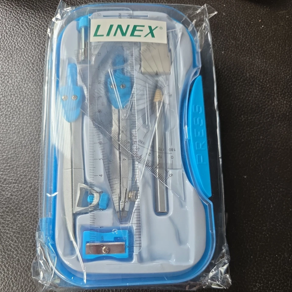 Linex Mathe Geometrie Set, 10-teiliges Prüfungsset mit transparentem Etui Blau Neu - Bild 1 von 2