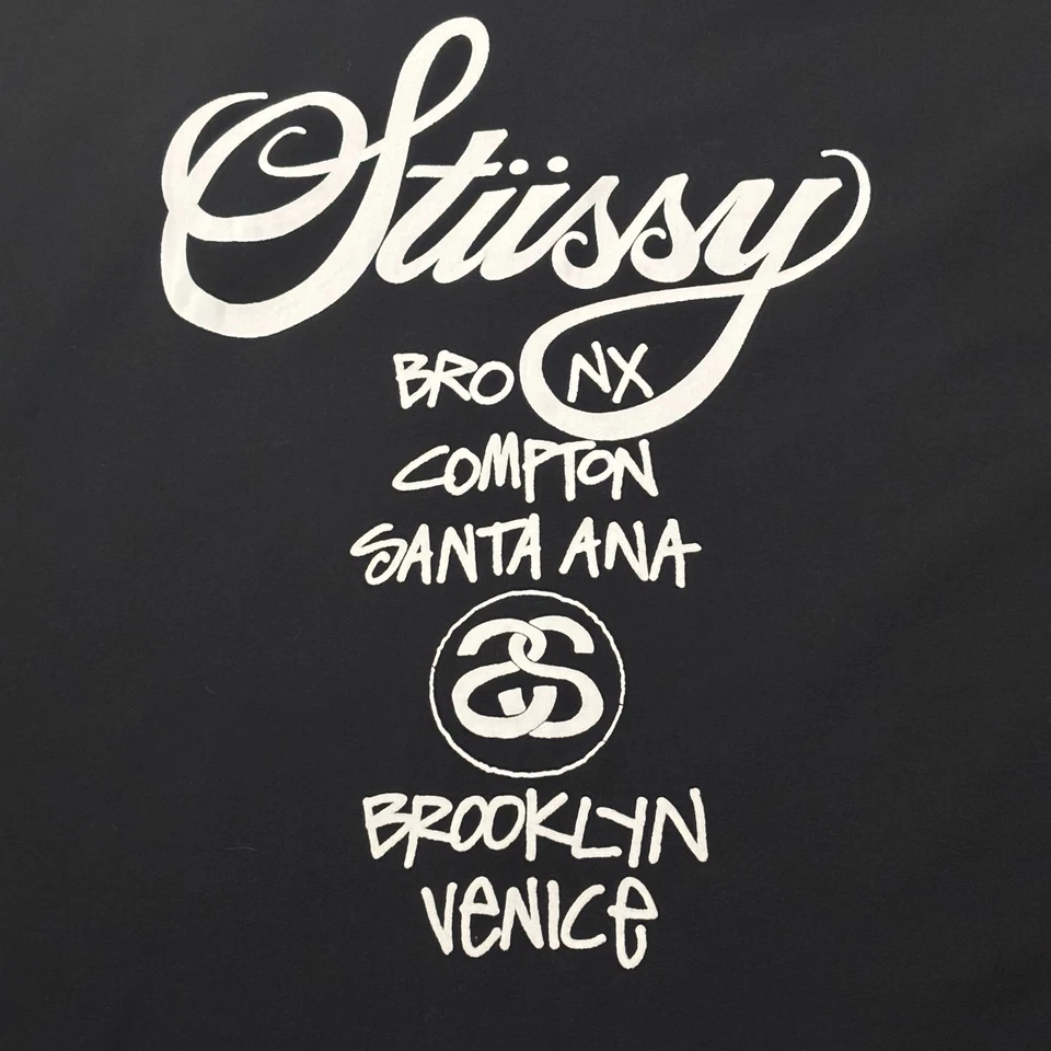 Y2K Stussy Tour Spell Out Script Black Hoodie Size Large 22x28x22 Bronx Compton - Image 2 of 4