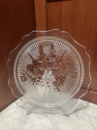 Vtg 12" Iris & Herringbone Cookie Serving Plates Set Of 3 Clear Depression Glass