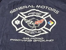 General Motors GM Blue White Mens XL Milford Proving Grounds Fire Rescue T Shirt