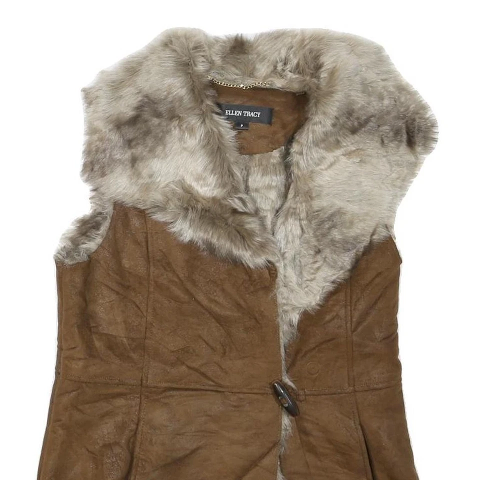ELLEN TRACY Womens Brown Faux Fur Suede Button Jacket S Sleeveless Retro - Image 2 of 4