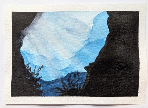 ACEO Original Reef Ocean Light Rays Blue Deep Watercolor 2.5x3.5 by Mara Molnar