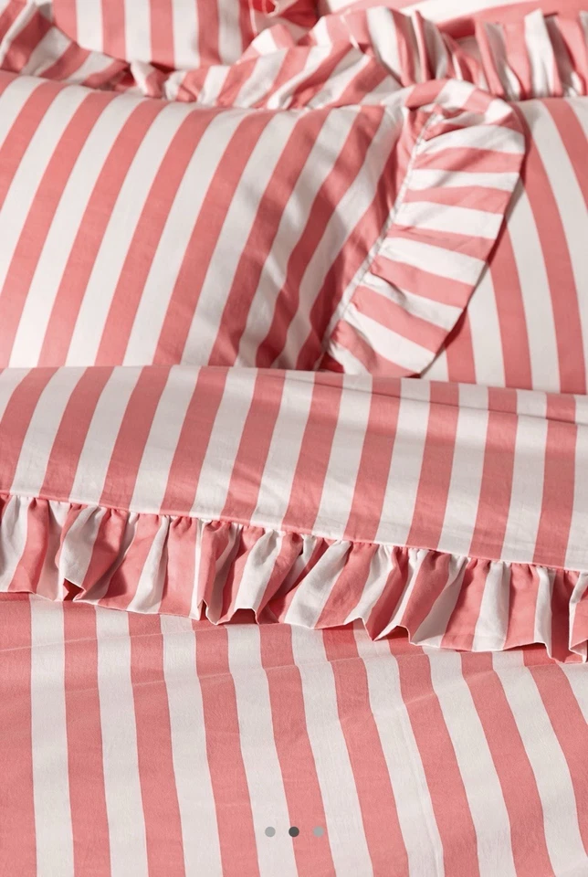 ANTHROPOLOGIE Algodón Cottage Volantes Edredón Queen Rosa Rayas Boho French Country Foto 2 de 4