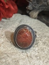 47. Vintage Marked 925 Sterling Oval Red Sponge Coral Ring 7s, 7.2g