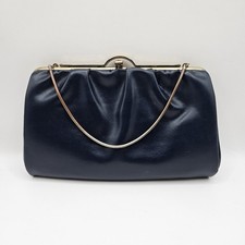 Vintage Navy Blue Faux Leather Clutch Purse Gold Frame Chain Strap Retro Evening