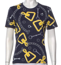 Auth HERMES Navy  Yellow GRAPHIC Print COTTON T-SHIRT Top