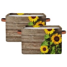 Vintage Sunflower Wooden Storage Basket Bin Large Fabric Toys Storage Cube Bo...