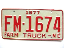 1977 NORTH CAROLINA NC LICENSE PLATE "FARM TRUCK", ORIGINAL, VINTAGE, NICE