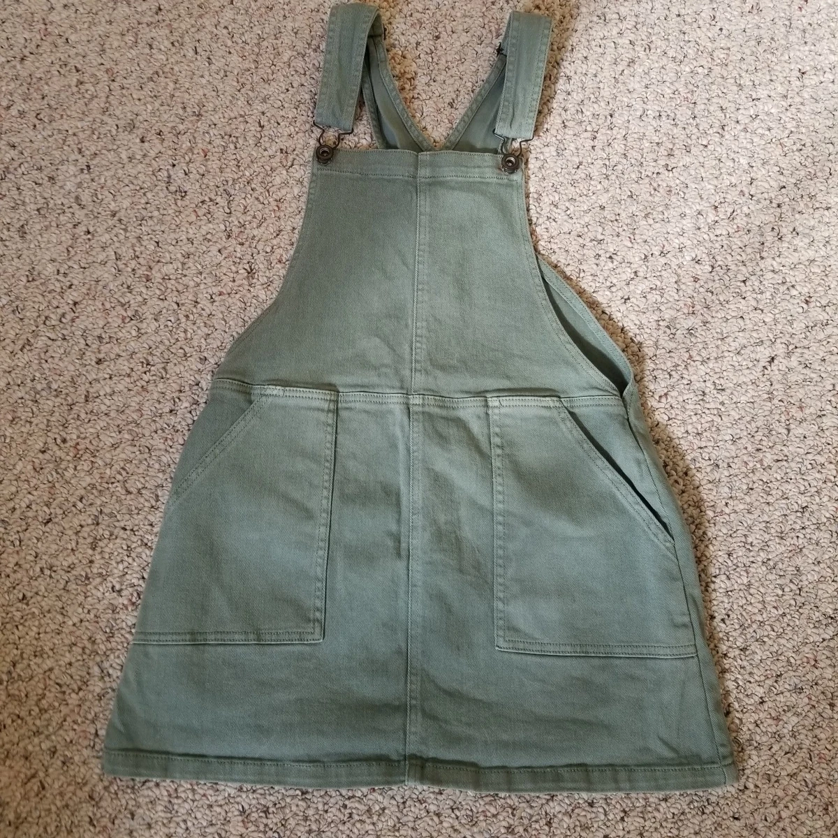 Others Follow Mini Overall Dress Straps Front Back Pockets Lt Olive Green. S