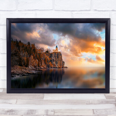 Leuchtturm Sonnenuntergang Wolken See Felsen Turm Berg Wandkunstdruck