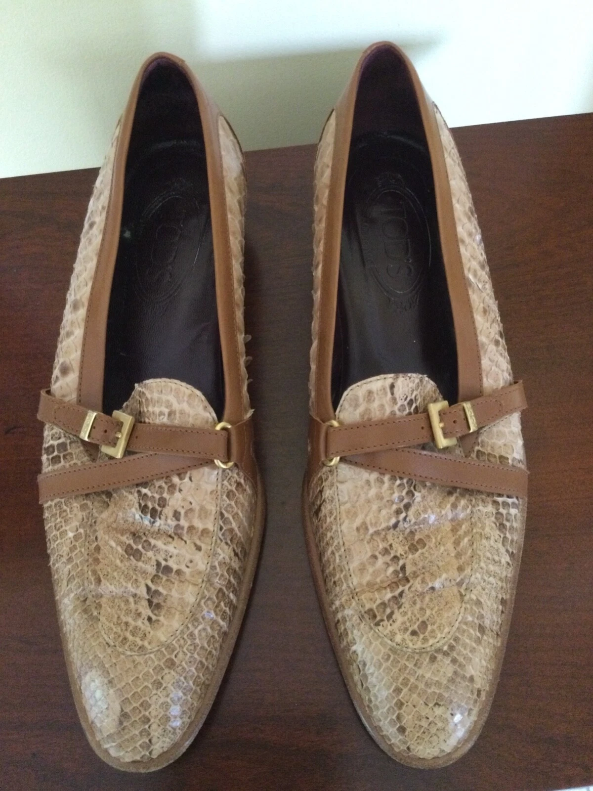 TOD’S Mocassini slip on in vera pelle di serpente e pelle marrone chiaro taglia 9 5