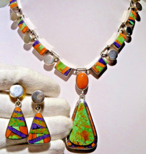 Michael Grant Grasshopper Channel Set Multi Stones Sterling Necklace Earrings