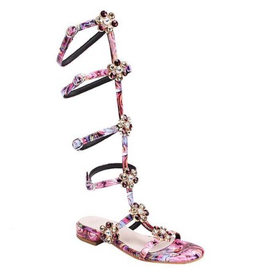 Women Buckle Strap Flat Gladiator Summer Sandals Boots Printed Rhinestone Shoes