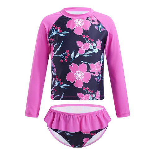 Girls Kids Long Sleeves Swimsuit Rash Guard Bathing Swimwear Printed Suit Set - Picture 92 of 93