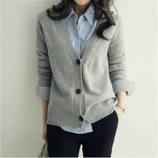 Lady Knitted Sweater Coat Cardigan Tops Button Jumper V Neck Casual Winter Solid
