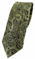 Schmale Tigertie Seidenkrawatte In GrüN Oliv Schwarz Paisley Gemustert