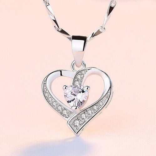 Women Ladies Heart Swirl Stone Silver Pendant Chain Necklace Gift Jewellery - Picture 4 of 4