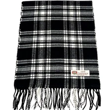 Men Winter Scarf 100% Cashmere Plaid Black Cream Made in England Soft Wool #C03