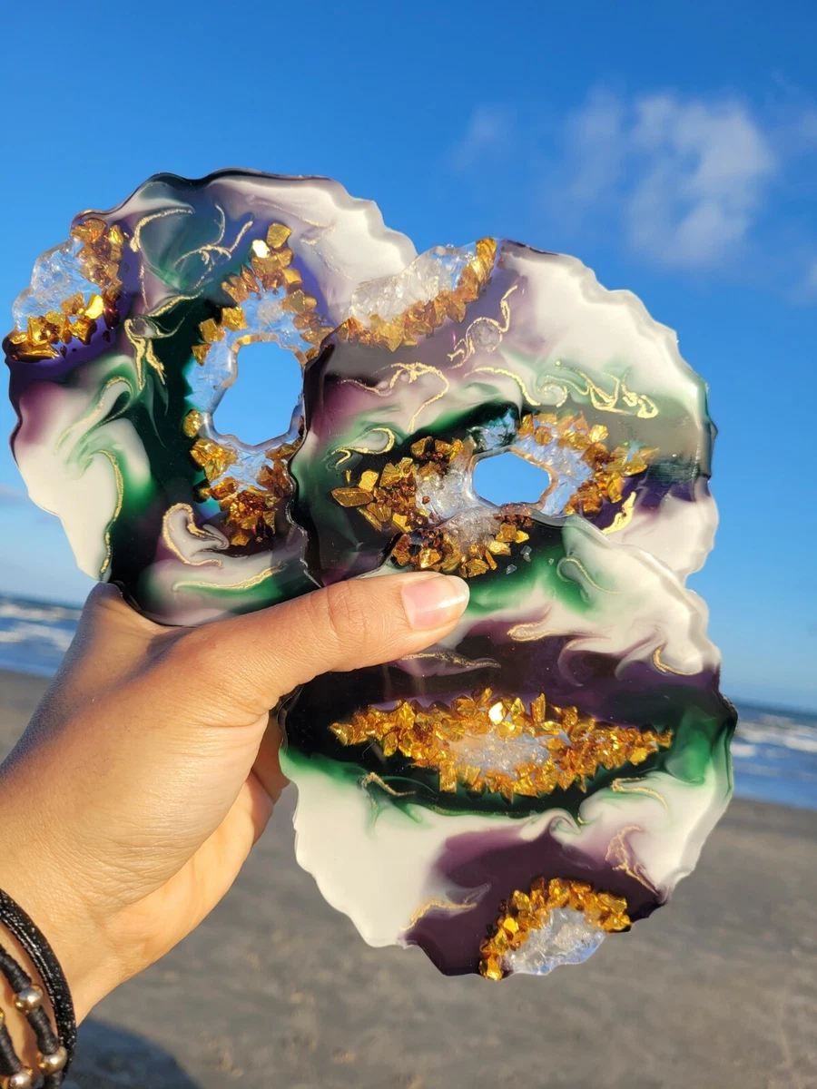 New Anthropologie Luxury Geode Agate Style Coasters Set of 4 Purple Green White
