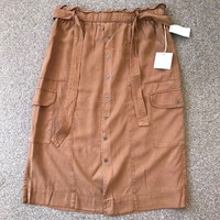 Nicole Miller Women's XL 100% Linen elasticated Waist Tan Button Front Skirt 14