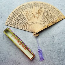 Chinese Lattice Cutout Bird Design Wood Vintage Folding Hand Fan with Box