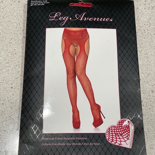 Collant reggicalze a rete rosso Leg Avenue strass lingerie San Valentino nuovo con etichette