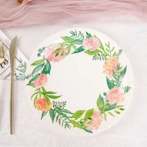 25 White 9" Round Paper Plates with Flower Wreath Design Disposable Tableware - Picture 6 of 9