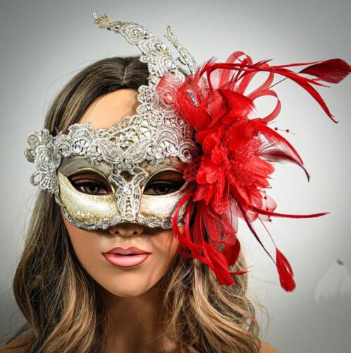 Máscaras de máscara roja plumas baile de máscaras graduación plata máscara  de Halloween | eBay