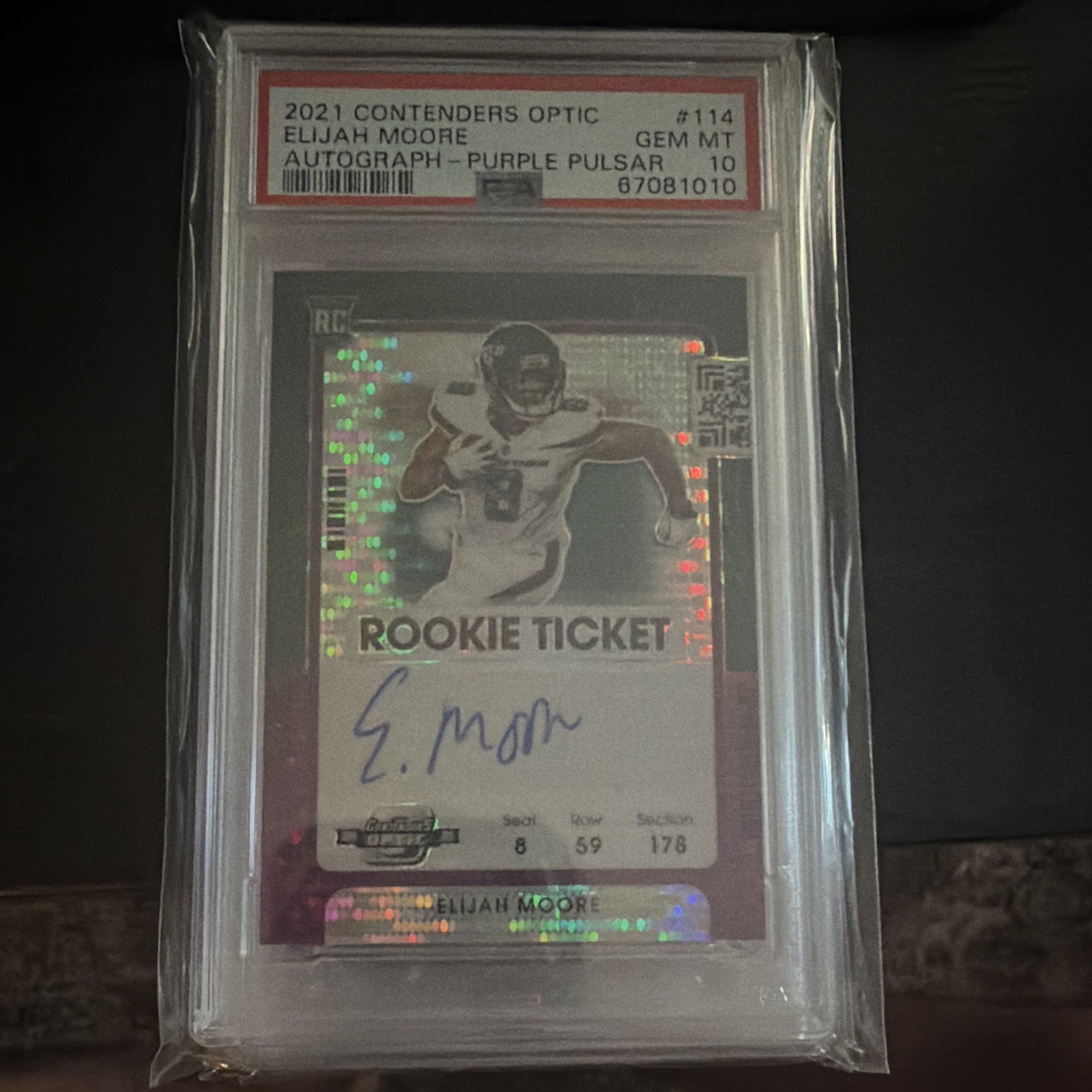 Elijah Moore Panini Contenders Optic #114 Autograph Purple Pulsar