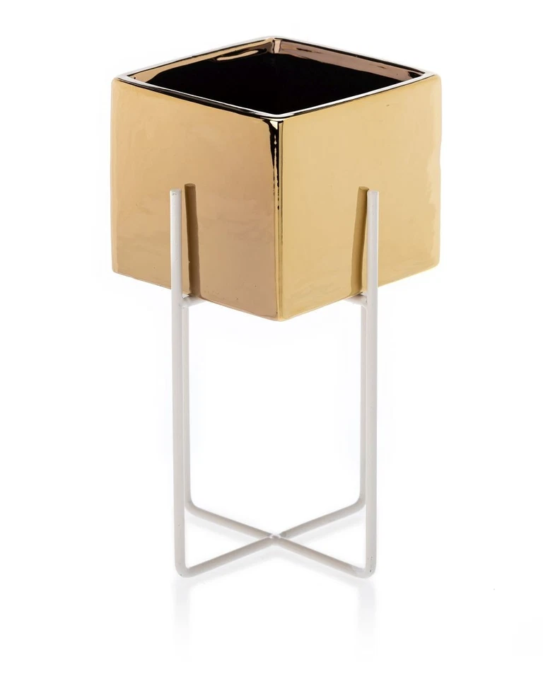 HowHomely Blumentopf Pflanzentopf mit Ständer 2er Set gold weiß Glamour Deko - Bild 2 von 4