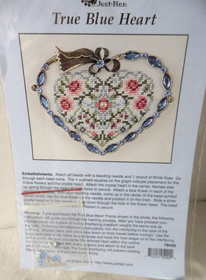 Just Nan TRUE BLUE HEART Cross Stitch Pattern & Embellishments