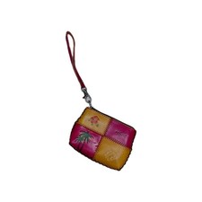 Hawaiian Red Yellow Handmade Leather Coin Purse Zipper Turtle Palm Trees Flower