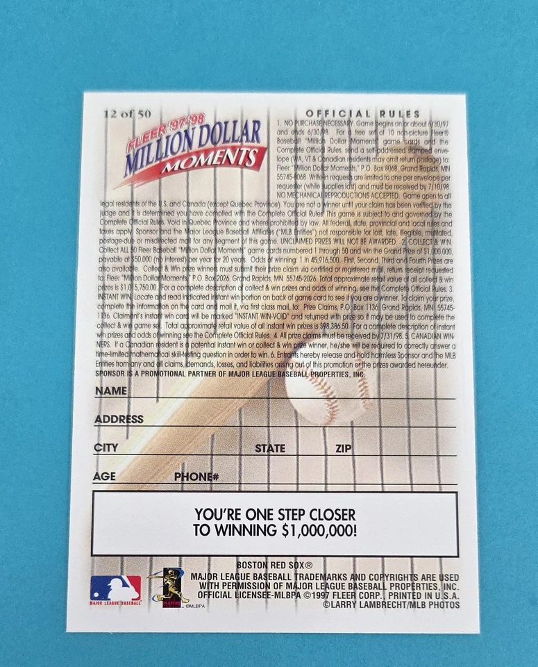 1997-98 Fleer Million Dollar Moments #12 Roger Clemens Red Sox BASEBALL Card 4B - Image 2 of 2